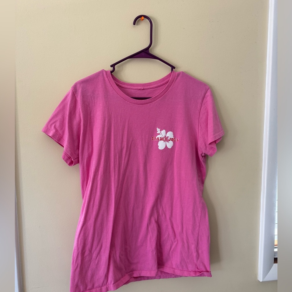 Trader Joes 🌺 pink shirt sorry for wrinkles. Can come out with another wash